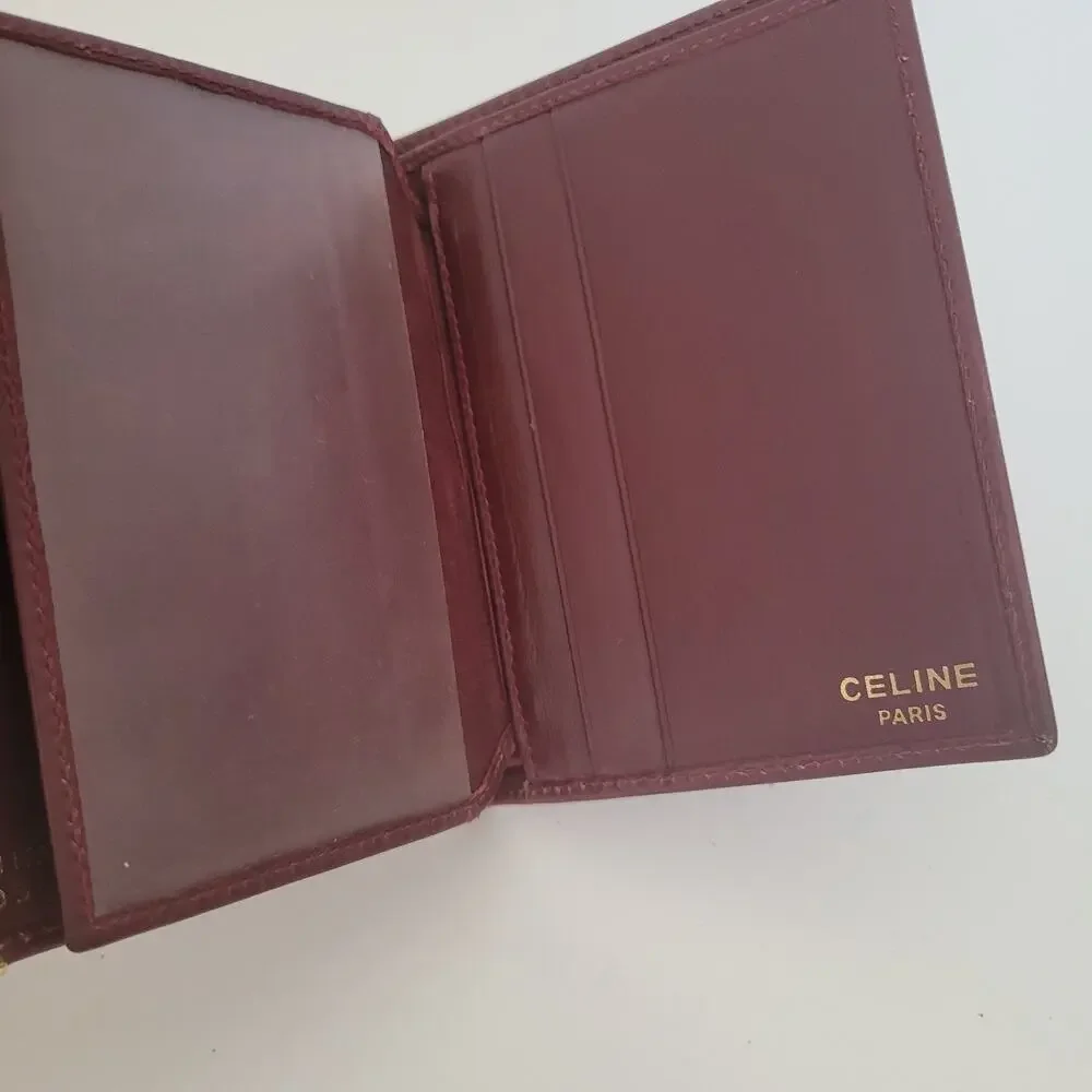 Celine Paris Vintage Bifold Leather Bordeaux Red Wallet‎ Small Compact Card Bill